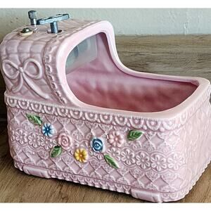 Napco Ceramic Pink Bassinet Music Box Rock A Bye Baby Nursery Pretty Pastel